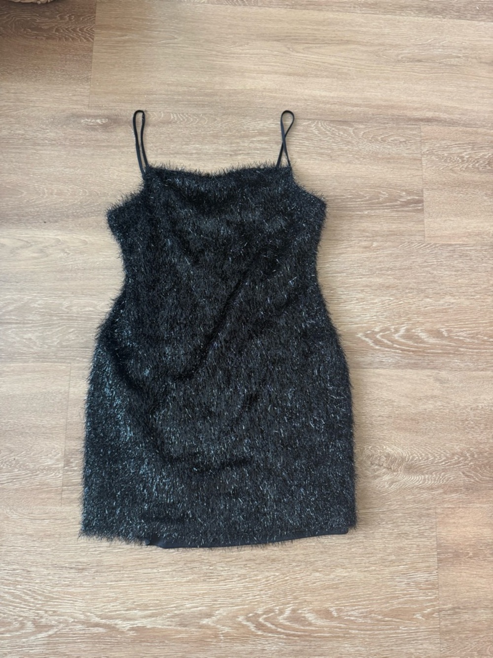 BCBGeneration Black Fuzzy Spaghetti Strap Mini Dress